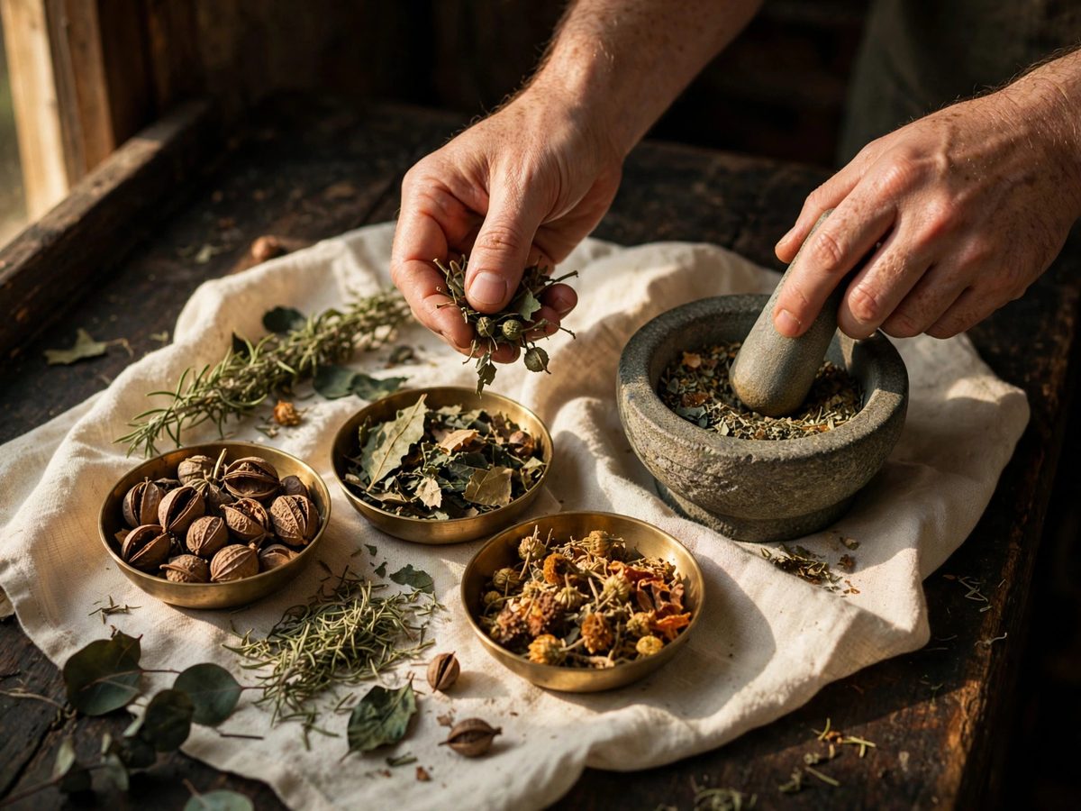 Hands preparing dried botanicals with a stone mortar and brass bowls