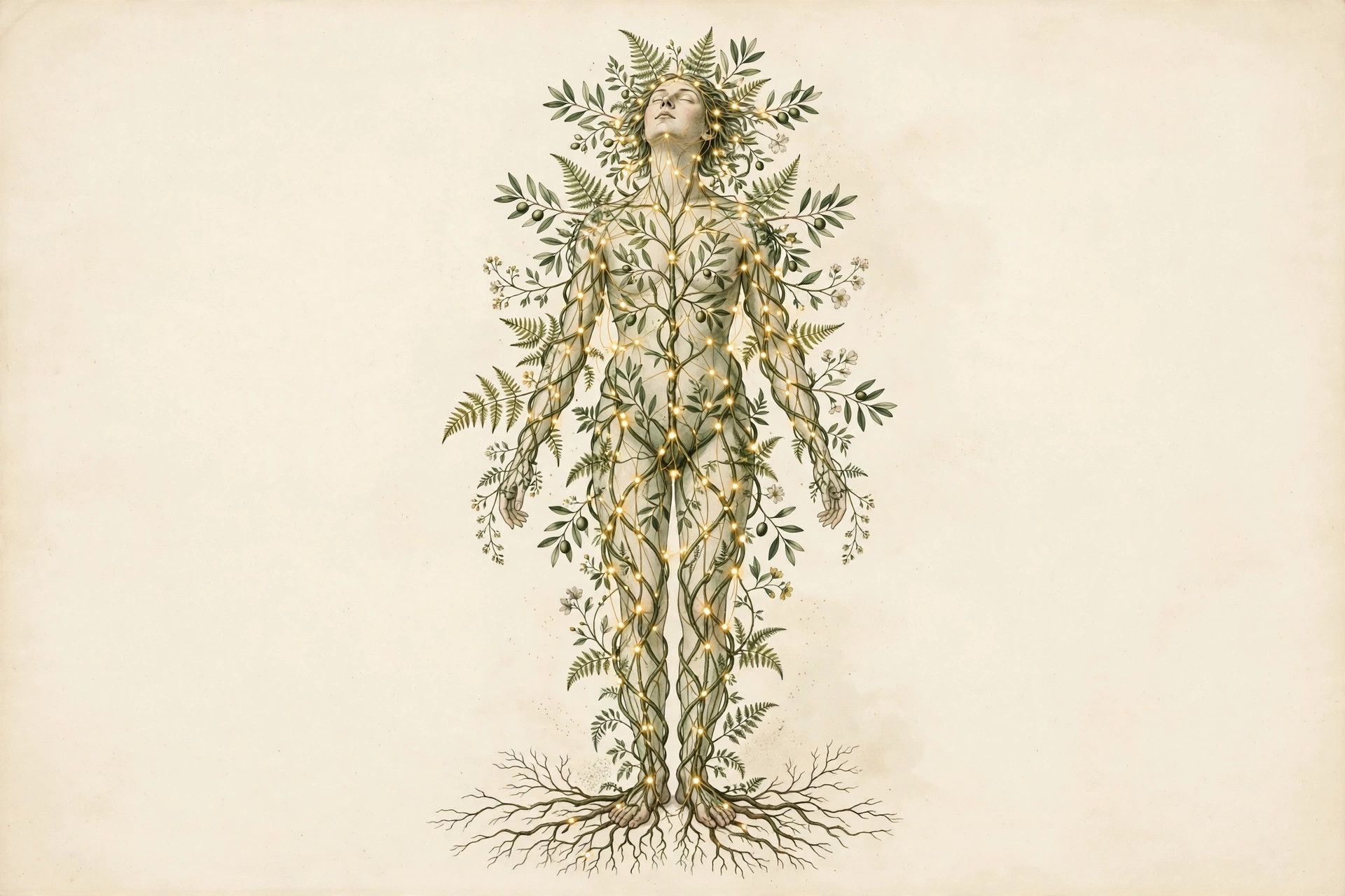 A botanical human figure encircled by roots, leaves, flowers, and connected health signals